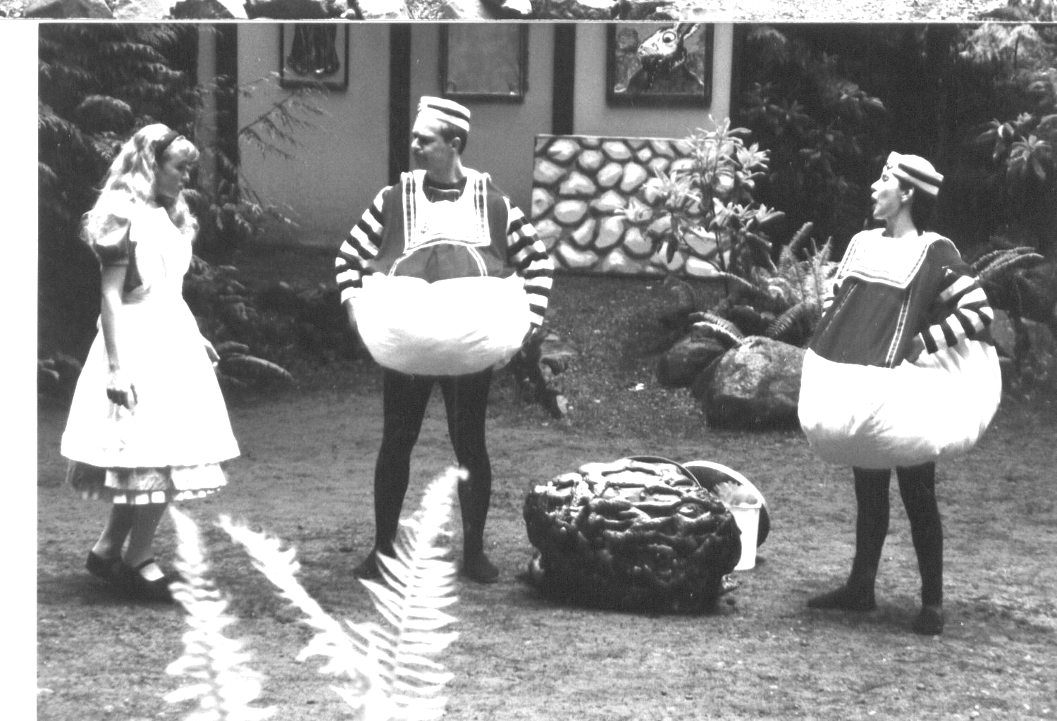 Alice (Michaela Goodman) meets Tweedle Dum (Marcus Absher) and Tweedle Dee (JoDee Brownsworth)
