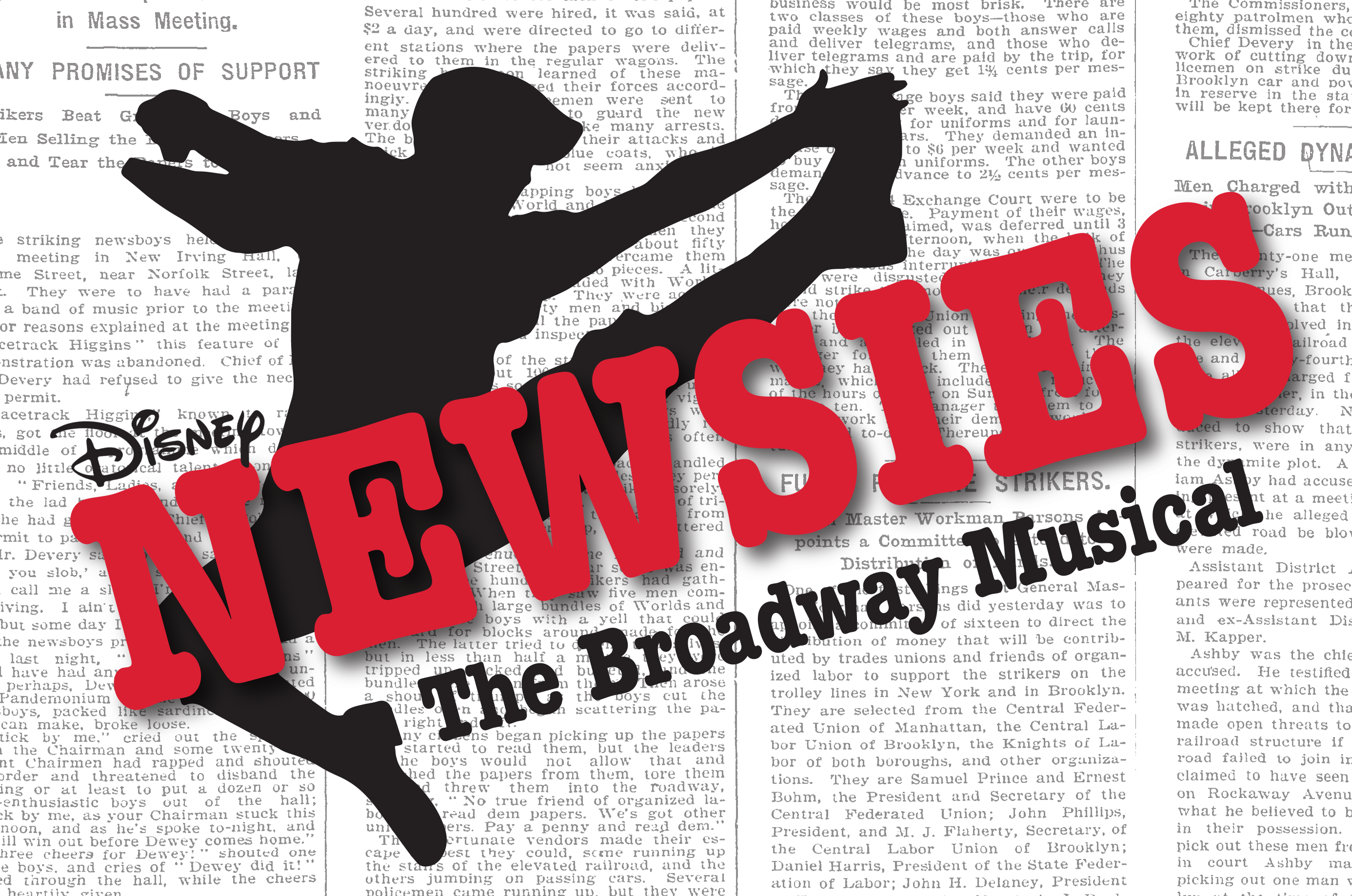 Newsies - Spring 2019 Newsies logo with background